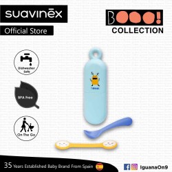 Suavinex Boo Collection BPA Free Travel Easy Outdoor Portable Cutlery Spoon Set Bib Clip With Case (Blue)