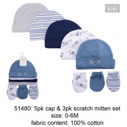 Hudson Baby 5pcs Caps and 3pairs Scratch Mitten Set - Blue Multicolor