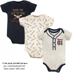 Little Treasure Hangging Short Sleeve Baby Suits Interlock - Baseball (3pcs)