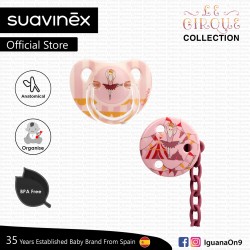 Suavinex Circus Collection BPA Free 6-18 Months Anatomical Silicone Soother Pacifier Clip Set (Pink