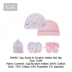Hudson Baby Cap, Scratch Mitten and Socks Set - Pink/Grey Floral (54494)