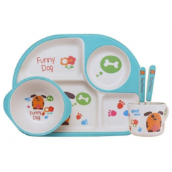 Children Bamboo Fiber Dinnerware Set with Bowl Fork Cup Spoon Plate 5pcs (Dog)