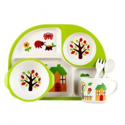 Children Bamboo Fiber Dinnerware Set with Bowl Fork Cup Spoon Plate 5pcs (Green House)