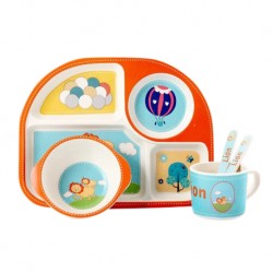 Children Bamboo Fiber Dinnerware Set with Bowl Fork Cup Spoon Plate 5pcs (Lion & Balloon)