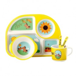 Children Bamboo Fiber Dinnerware Set with Bowl Fork Cup Spoon Plate 5pcs (Sunshine & Horse)