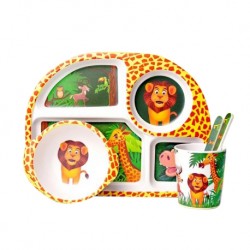 Children Bamboo Fiber Dinnerware Set with Bowl Fork Cup Spoon Plate 5pcs (Zoo Animal)