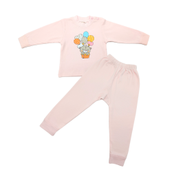 Trendyvalley 4-10Y Organic Cotton Long Sleeve and Long Pant Pyjamas SleepWear Printed Beechy Balloon Bear (Pink)