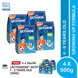 Nestlé Lactogrow Aktif (4-6 Years Above) 900g x 4 FREE Nestlé Lactogrow Aktif (1-3 Years Above) 150g x 4