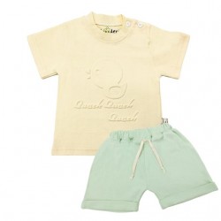 Trendyvalley Organic Cotton Kids & Baby Outing wear Short Sleeve Shirt TShirt Short Pants Duck -Cream+Green