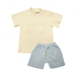 Trendyvalley Organic Cotton Kids & Baby Outing wear Short Sleeve Shirt TShirt Short Pants Growl -Cream+Grey