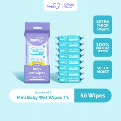 Hoppi Premium 99% Baby Water Wipes / Mini Wipes / Pocket Wipes / Baby Wipes / Wet Wipes / Wet Tissue - 7 Wipes x 8 Packs