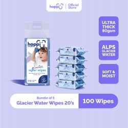 Hoppi Premium Baby Glacier Water Wipes / Baby Wipes / Wet Wipes / Wet Tissue - 20 Wipes x 5 Packs