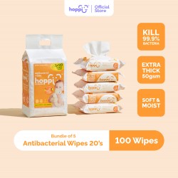 Hoppi Premium Baby Antibacterial Wipes / Baby Wipes / Wet Wipes / Wet Tissue - 20 Wipes x 5 Packs