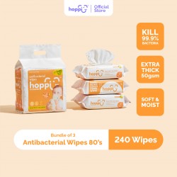 Hoppi Premium Baby Antibacterial Wipes / Baby Wipes / Wet Wipes / Wet Tissue - 80 Wipes x 3 Packs