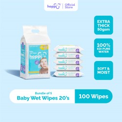 Hoppi Premium 99% Baby Water Wipes / Baby Wipes / Wet Wipes / Wet Tissue - 20 Wipes x 5 Packs