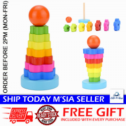 [Little B House] Wooden Toy Rainbow Tower Ring Stacking Game for Kids Toddler Educational Toy Mainan Kayu -BT146