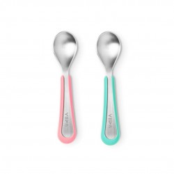 Viida Souffle Antibacterial Stainless Steel Spoon Set (L) - Taffy Pink+Turquoise Green