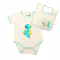 Trendyvalley Organic Cotton short Sleeve Baby Romper With Bib (Dino) 