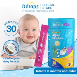 Ddrops Liquid Algae Calcium, Magnesium, Zinc - For Kids 6 Months+, Supports Bone Growth & Height, Allergen-Free, 30 Sachets