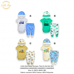 Little Star Baby Rompers, Pant & Hat Set 3in1 LS66680A/LS66680B/LS66680C/LS66680D