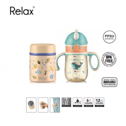 0.40L RELAX S/S Thermal Food Jar-Beige + 280ml RELAX PPSU Kids Straw Cup-Light Blue