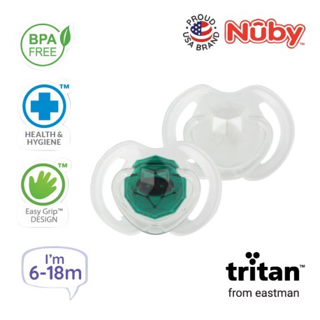 Nuby Little Gems Pacifier with Orthodontic Silicone Baglet With PP Hygienic Cover In PS Box 6M-18M (Dark Green, White)