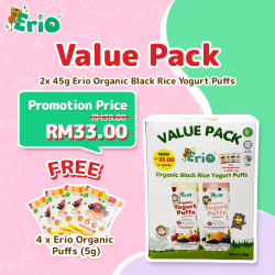 Value Pack Erio Organic Black Rice Yogurt Puffs (2X45g)( Free Erio Organic Multigrain Puffs 4 sachets X 5g )
