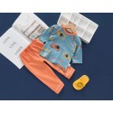 Earth Bebe 2pcs/Set Baby Shirt Set Cartoon Print Skin Friendly Kids Long Sleeve Tops Pants Kit (Orange Blue Car)