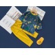Earth Bebe 2pcs/Set Baby Shirt Set Cartoon Print Skin Friendly Kids Long Sleeve Tops Pants Kit (Yellow Blue Astro Dino)