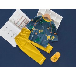 Earth Bebe 2pcs/Set Baby Shirt Set Cartoon Print Skin Friendly Kids Long Sleeve Tops Pants Kit (Yellow Blue Astro Dino)