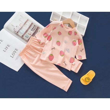 Earth Bebe 2pcs/Set Baby Shirt Set Cartoon Print Skin Friendly Kids Long Sleeve Tops Pants Kit (Light Pink Strawberry)