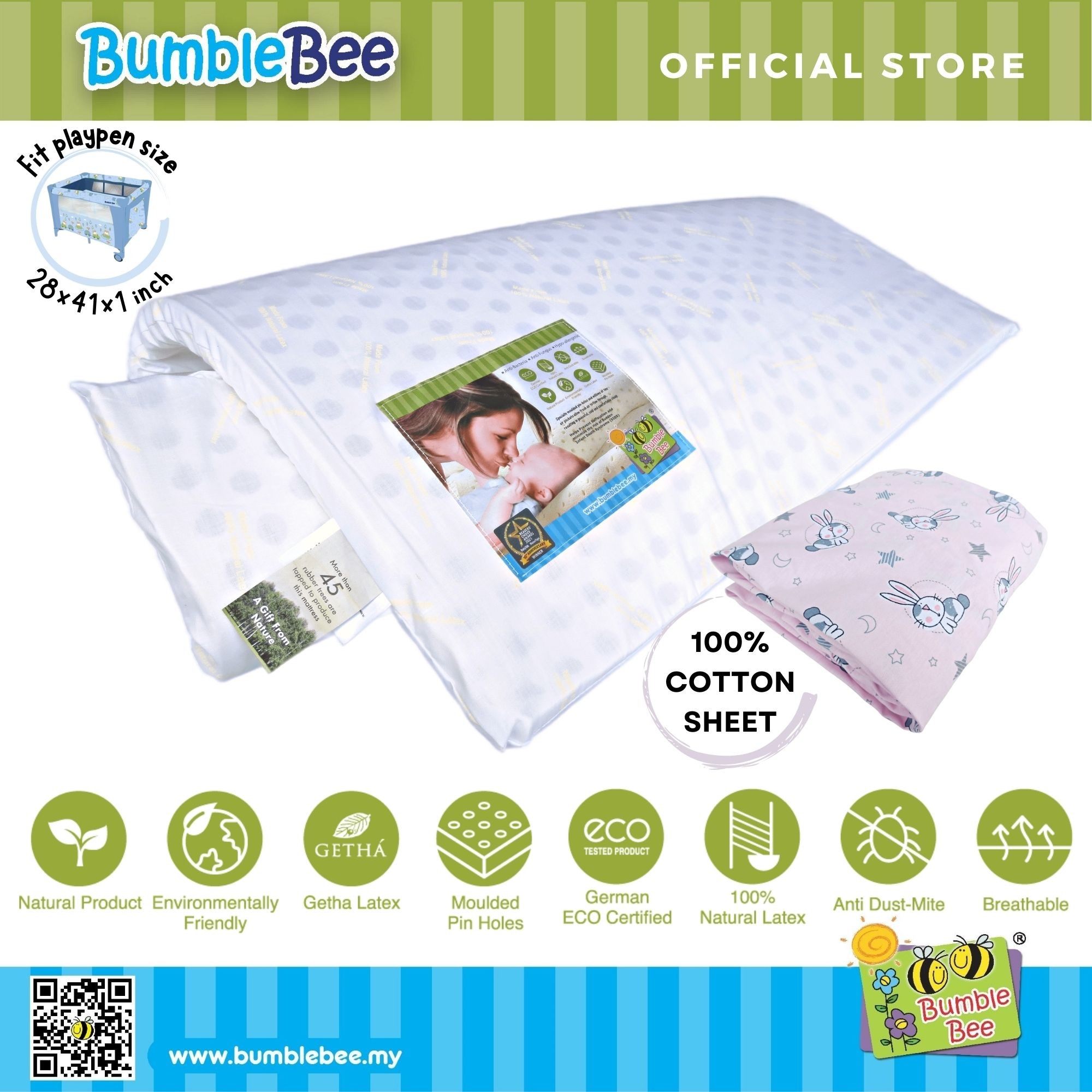 Bumble Bee Latex Playpen Mattress 28x41x1 with Fitted Playpen Sheet Mattresses