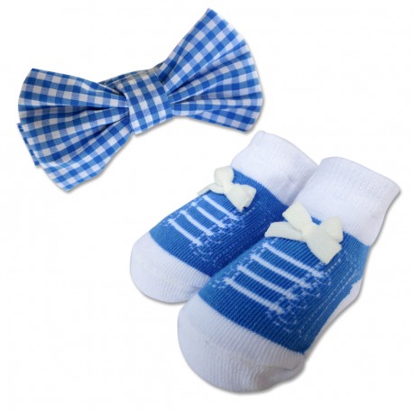 Bumble Bee Baby Bow Tie with Socks Set (Blue Checkered)