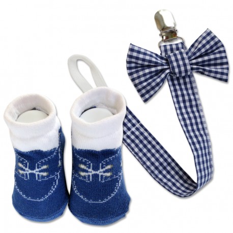  Bumble Bee Baby Pacifier Clip with Socks Set (Tiny Blue Checkered)  