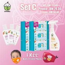 Chomel Combo Set C: Baby Wipes 100 Sheets TRIPLE PACK x 2, Toy & Surface Cleaner 500ml x 1pcs, Hand Sanitizer x 3pcs