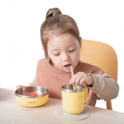 Souffle Antibacterial Stainless Steel Kids Tableware Set with Suction Pad- Lemon Yellow