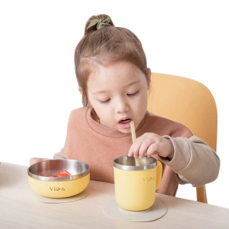 Souffle Antibacterial Stainless Steel Kids Tableware Set with Suction Pad- Lemon Yellow