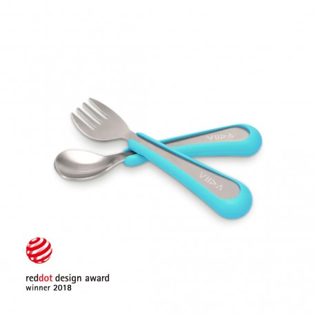 Viida Soufflé Antibacterial Stainless Steel Fork & Spoon Set (S) - Baby Blue