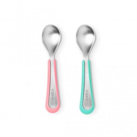Viida Souffle Antibacterial Stainless Steel Spoon Set (L) - Taffy Pink+Turquoise Green