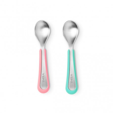 Viida Soufflé Antibacterial Stainless Steel Spoon Set (L) - Taffy Pink+Turquoise Green