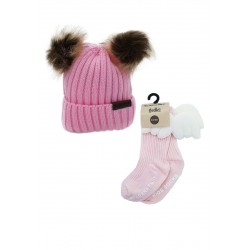Akarana Baby Baby Beanie Double Faux Fur Pom-Pom & Socks (Pink Combo)