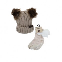Akarana Baby Baby Beanie Double Faux Fur Pom-Pom & Socks (Khaki Combo)
