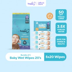 Hoppi Premium 99% Baby Water Wipes / Baby Wipes / Wet Wipes / Wet Tissue - 20 Wipes x 5 Packs