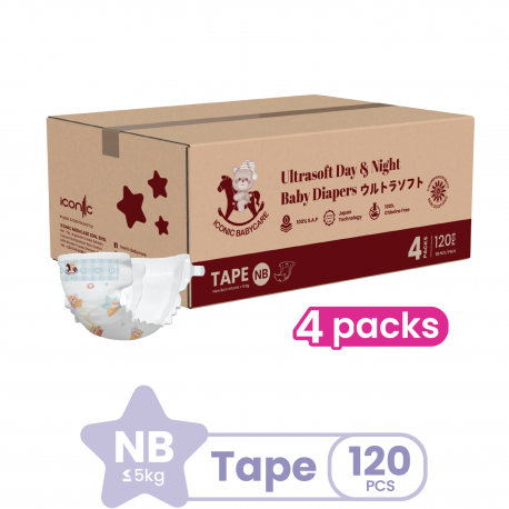 [Bundle of 4] Iconic Babycare Ultrasoft Day & Night Baby Diaper Tape NB120/S224/M208/L192