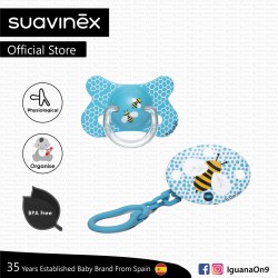 Suavinex Fusion Collection BPA Free 4-18m Months Oval Soother Pacifier Clip Set (Blue Bee)