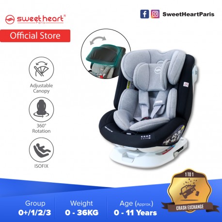Sweet Heart Paris Group 0/1/2/3 CSQ5 PRO ISOFIX Car Seat 360 SWIVEL Rotation with Canopy ECE R44/04 Certified (Lava Black)