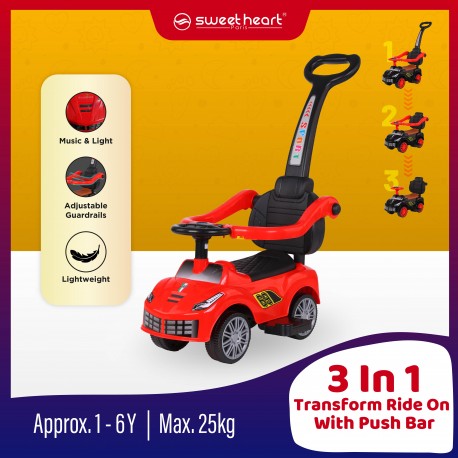 Sweet Heart Paris TL602W 3 In 1 Transform Musical And Light Ride On Tolocar With Guardrails Push Bar Support 1-6 Years - Red