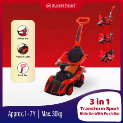 Sweet Heart Paris TL616W 3 In 1 Transform Sporty Music And Light Ride On Tolocar With Guardrails Push Bar - Red