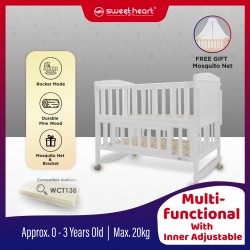 Sweet Heart Paris WCT138 Multifunctional Baby Bed Rocking Cradle Baby Wooden Cot with Parent Bed Height Adjustable - Pearl White