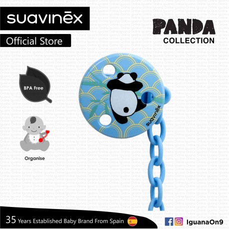 Suavinex Panda Collection BPA Free Round Soother Pacifier Clip (Blue Panda)